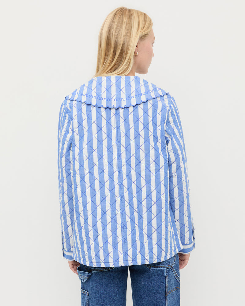 James Quilted Jacket in blue and cream striped cotton and Molly Workwear Jean in medium washed blue denim.