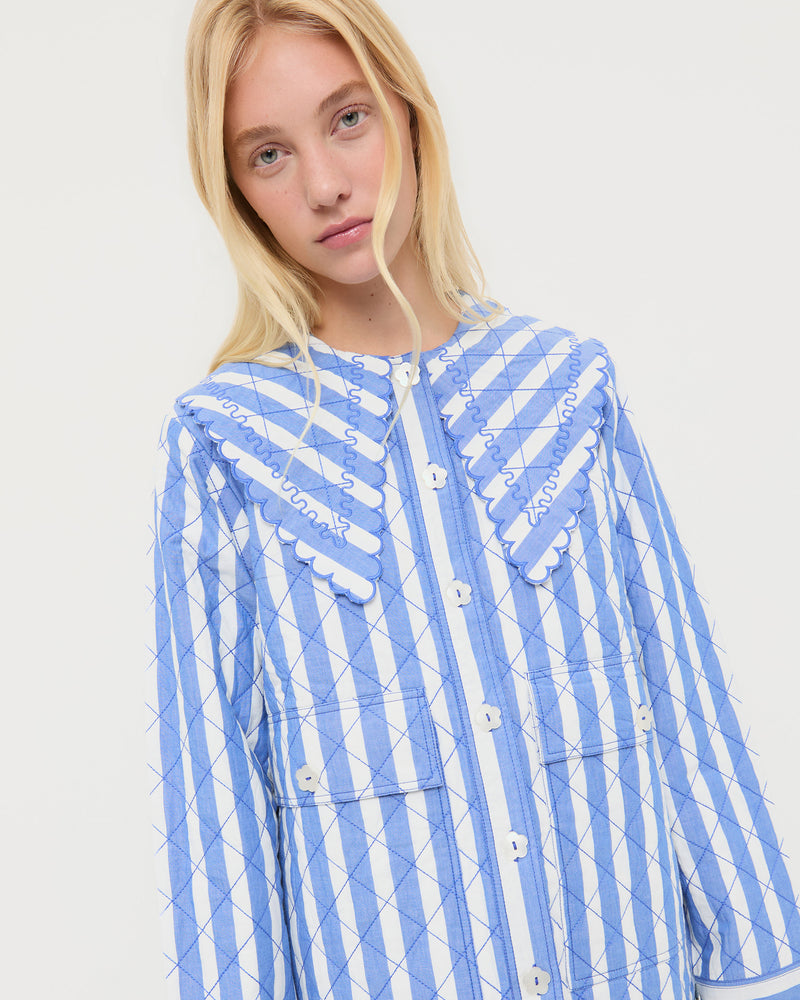 James Quilted Jacket in blue and cream striped cotton.