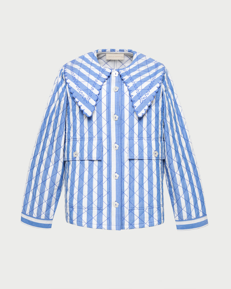 James Quilted Jacket in blue and cream striped cotton.