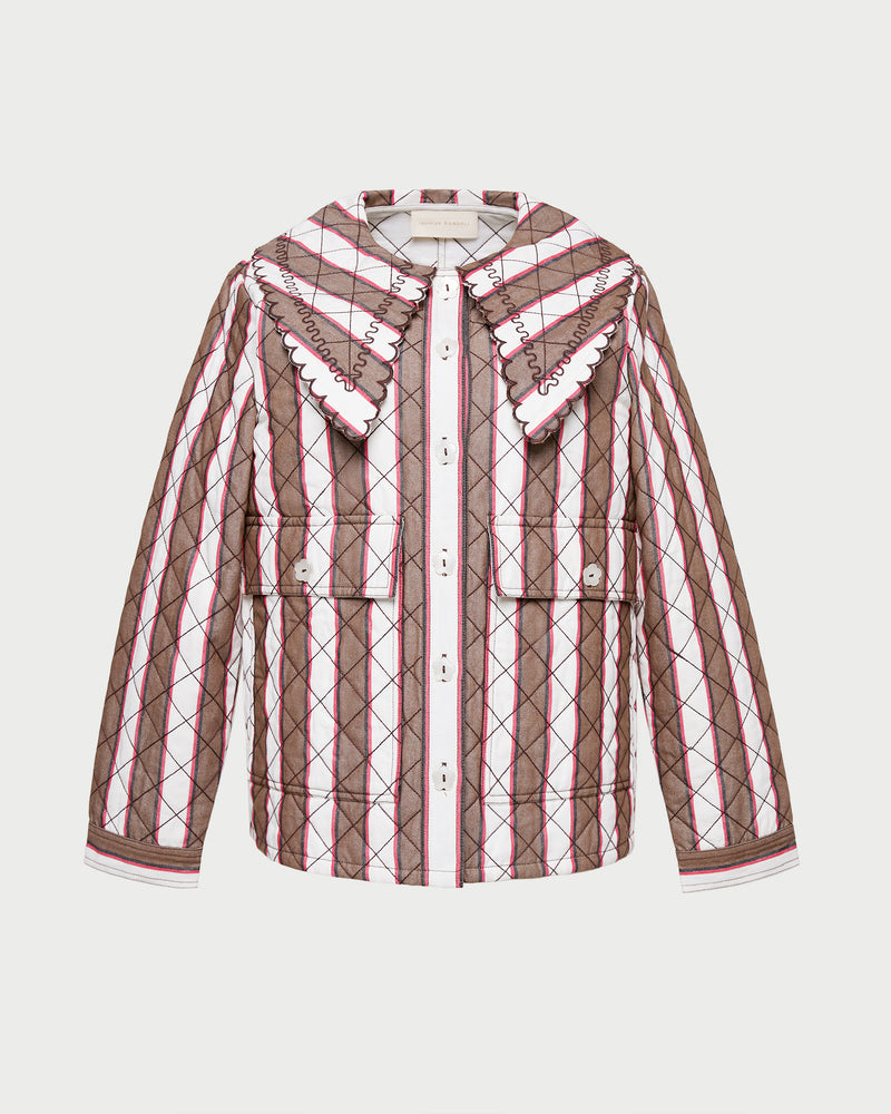 James Quilted Jacket in brown, cream, and red striped heavy quilted cotton-linen fabric.
