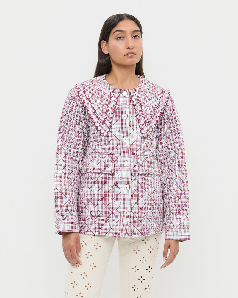 James Quilted Jacket in cream, maroon, lilac plaid linen and Demi Embroidered Pant in natural cotton.