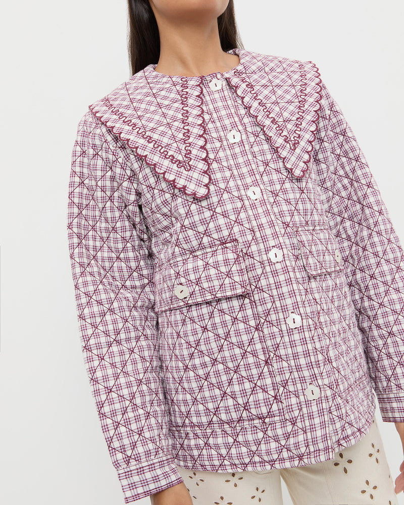 James Quilted Jacket in cream, maroon, lilac plaid linen and Demi Embroidered Pant in natural cotton.