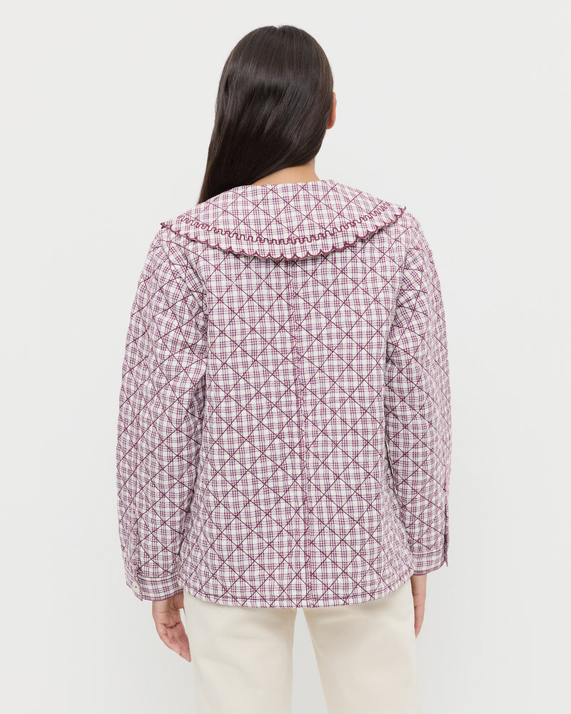 James Quilted Jacket in cream, maroon, lilac plaid linen and Demi Embroidered Pant in natural cotton.