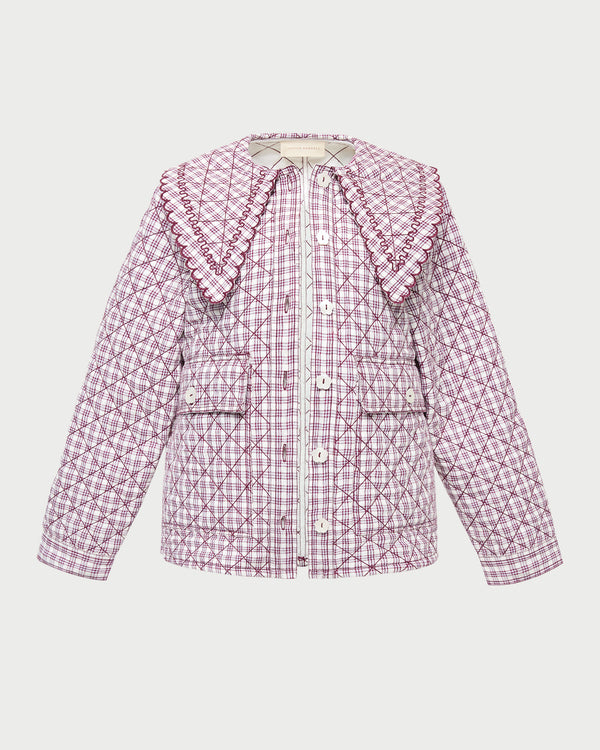 James Quilted Jacket in cream, maroon, lilac plaid linen.