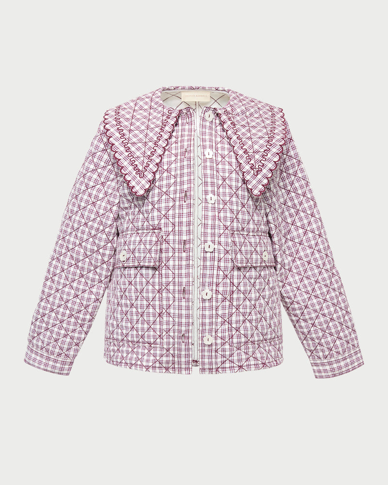 James Quilted Jacket in cream, maroon, lilac plaid linen.