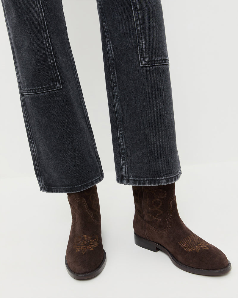Jett Brown Suede Calf Boot and Molly Workwear Jean in washed black denim.