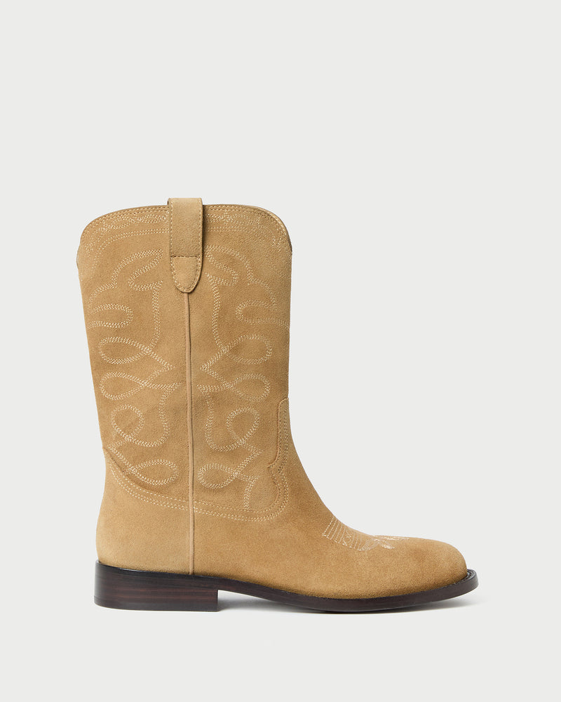 Jett Sand Suede Calf Boot in sand tan suede and western inspired.