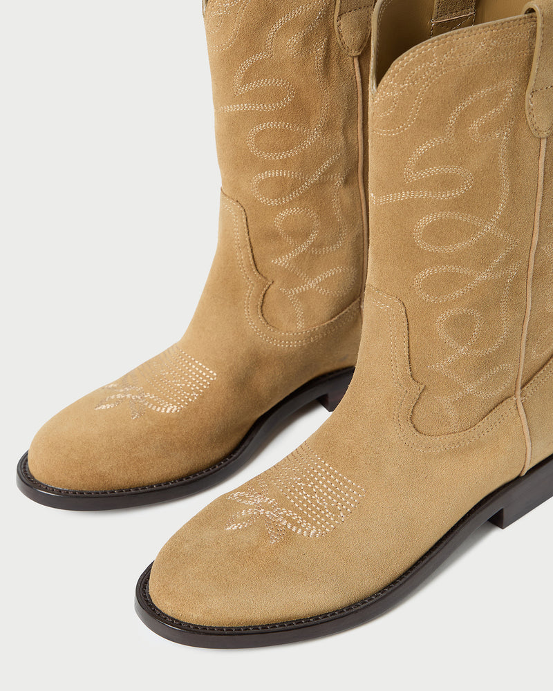 Jett Sand Suede Calf Boot in sand tan suede and western inspired.