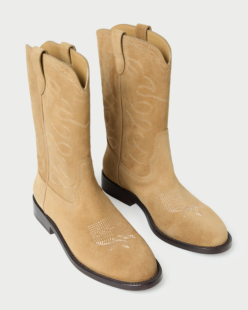Jett Sand Suede Calf Boot in sand tan suede and western inspired.