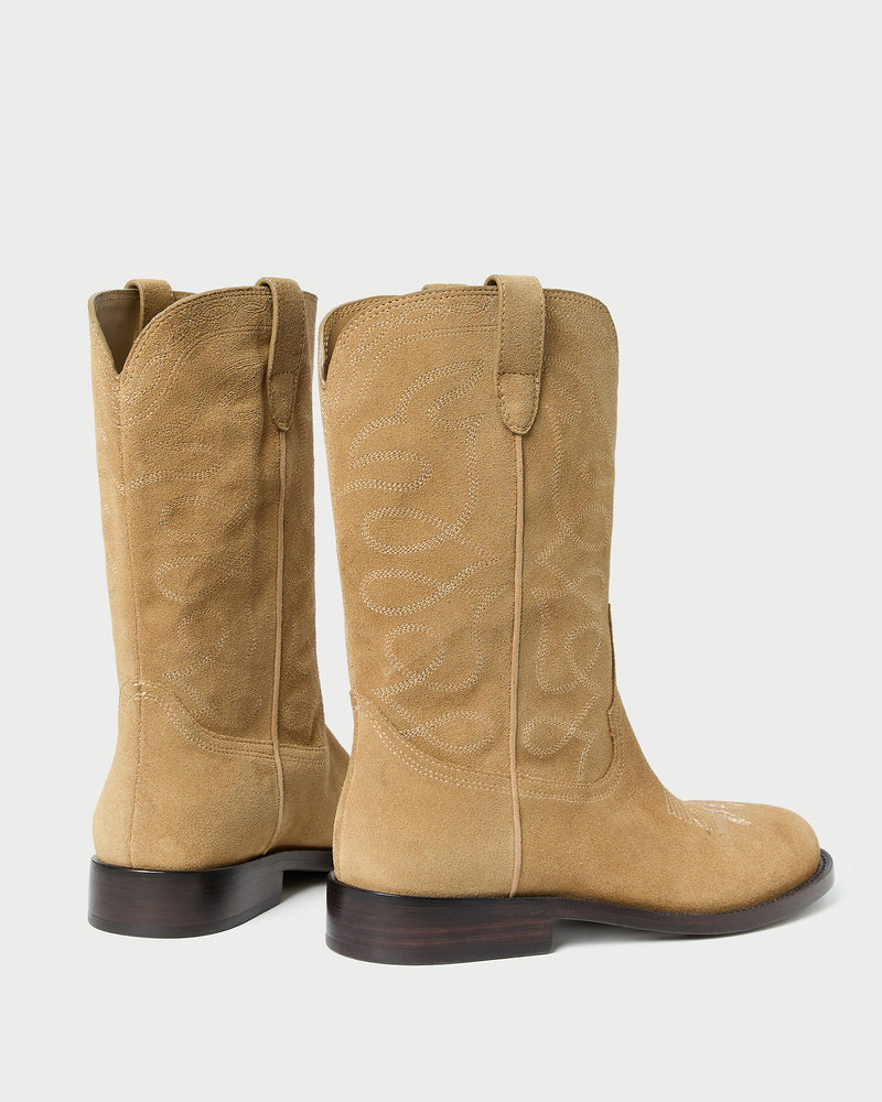 Jett Sand Suede Calf Boot in sand tan suede and western inspired.