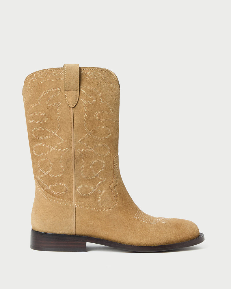 Jett Sand Suede Calf Boot in sand tan suede and western inspired.