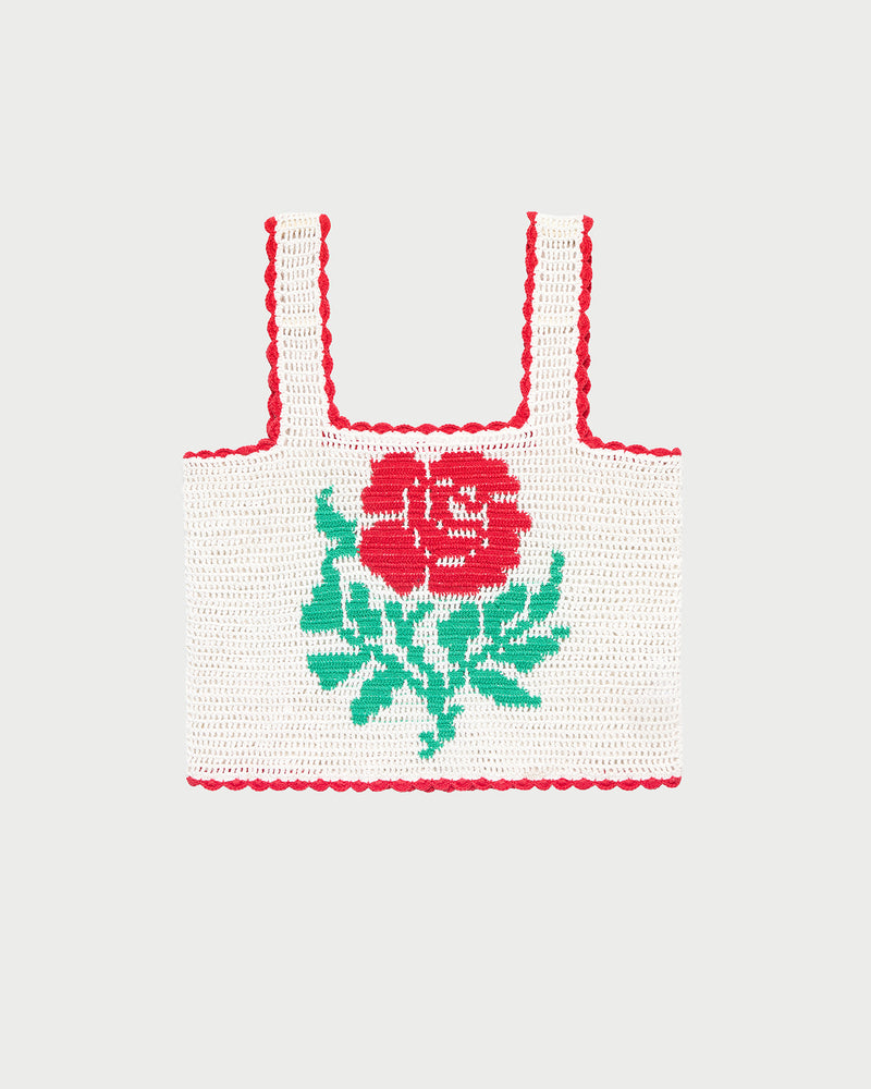 Juliette Top in white hand crocheted cotton with a flower accent.