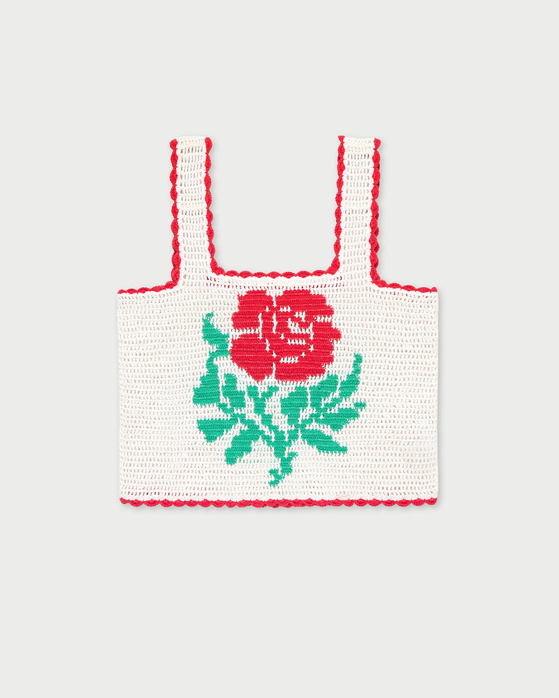 Juliette Top in white hand crocheted cotton with a flower accent.