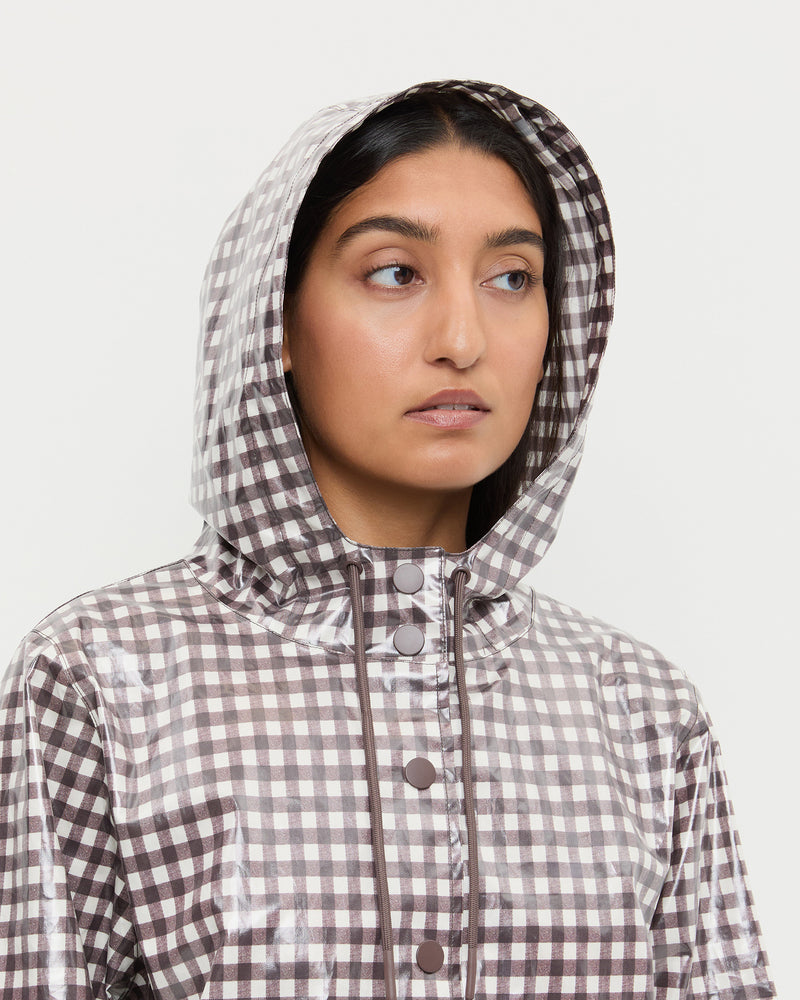Kat Rain Coat in brown gingham cotton.