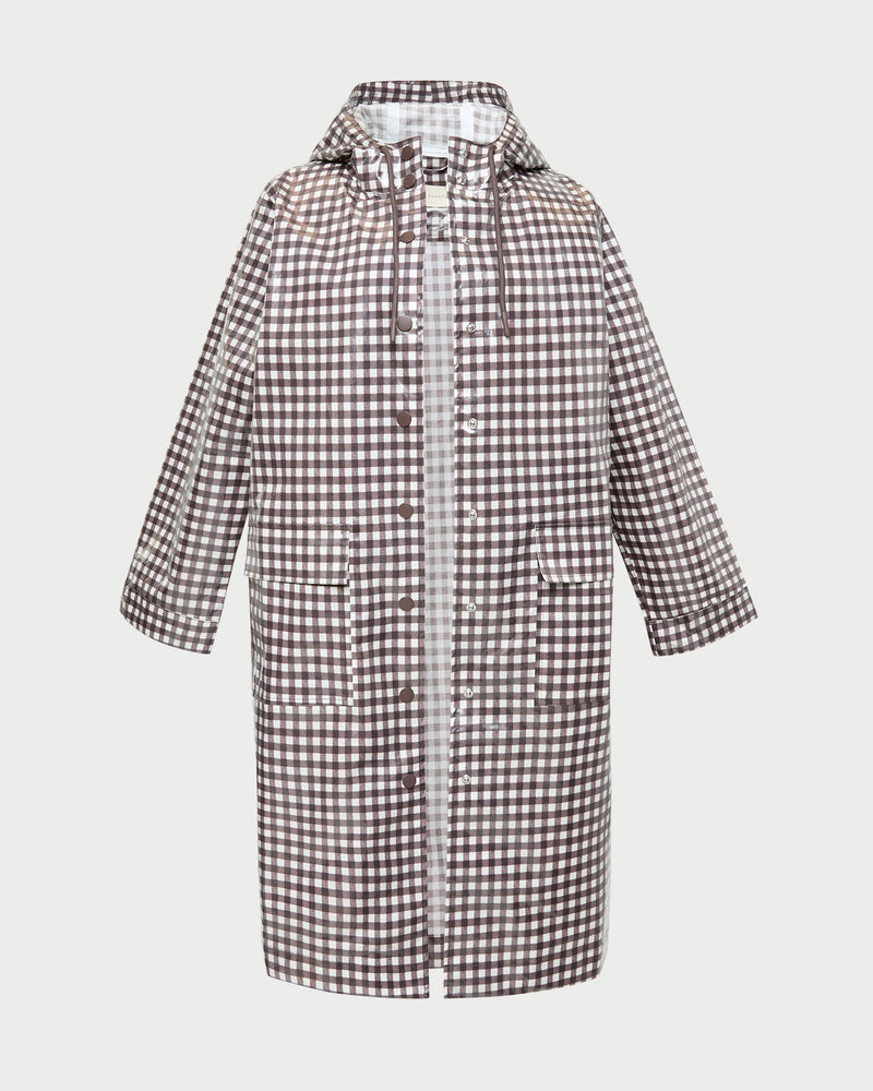 Kat Rain Coat in brown gingham cotton.
