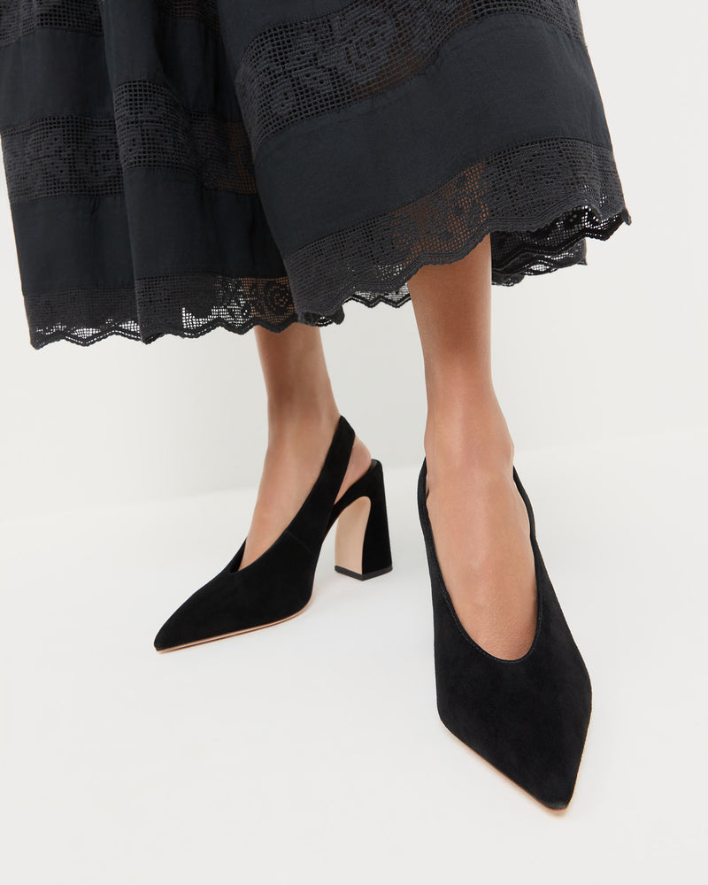 Katerina Black Suede Slingback Pump and Delaney Skirt in black cotton.