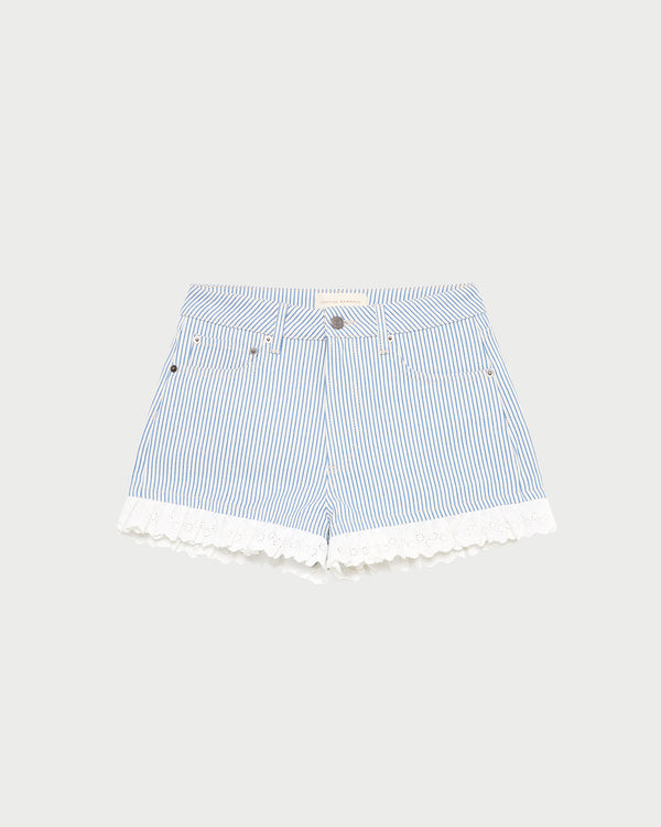 Kay Lace-Trimmed Denim Shorts in blue striped denim.