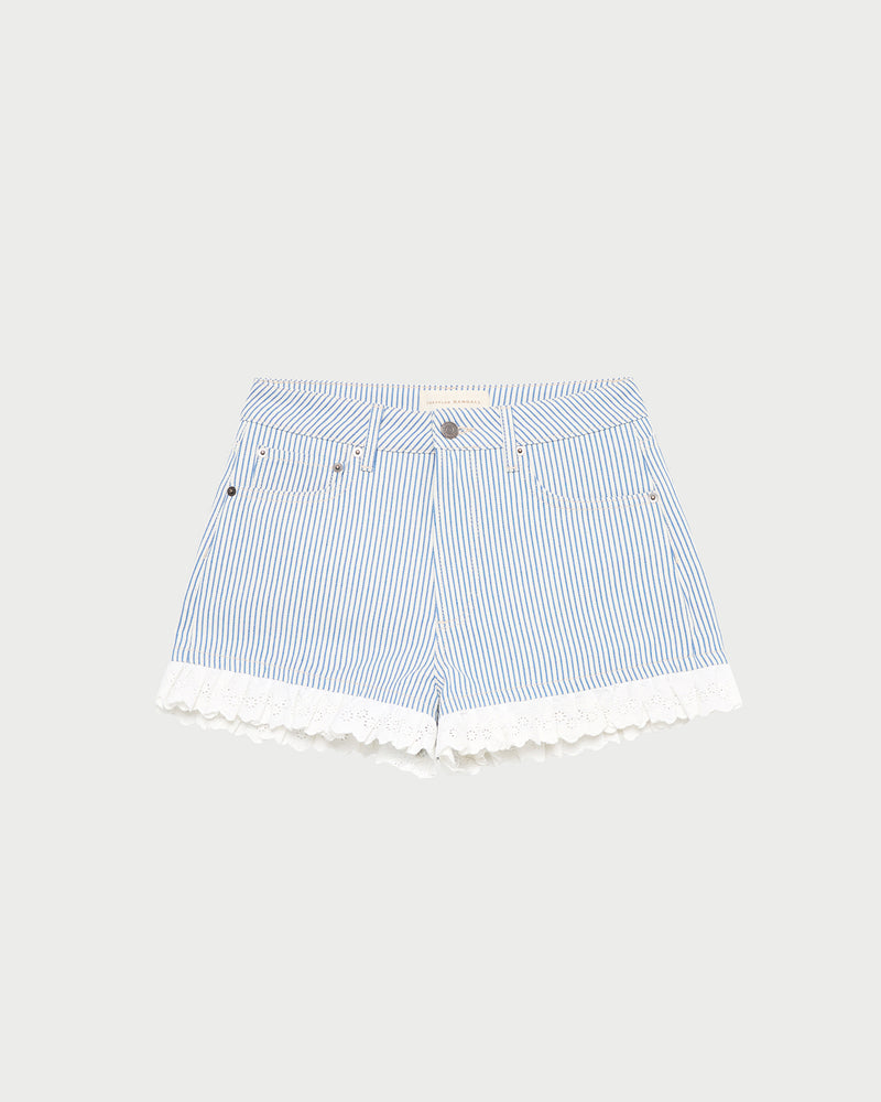 Kay Lace-Trimmed Denim Shorts in blue striped denim.