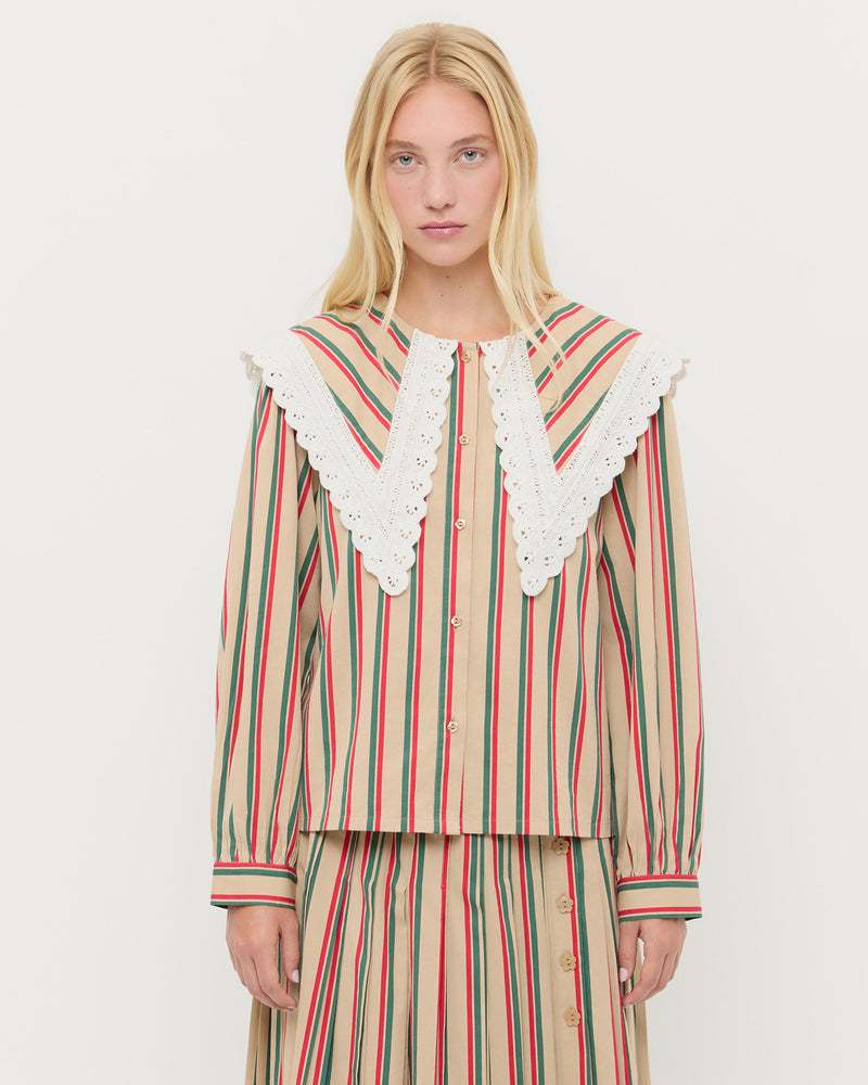 Ken Shirt in tan, red, and green striped cotton and Emlyn Skirt in tan, red, and green striped cotton.