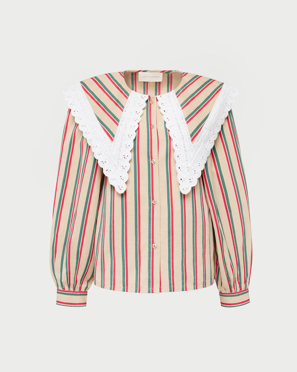 Ken Shirt in tan, red, and green striped cotton.
