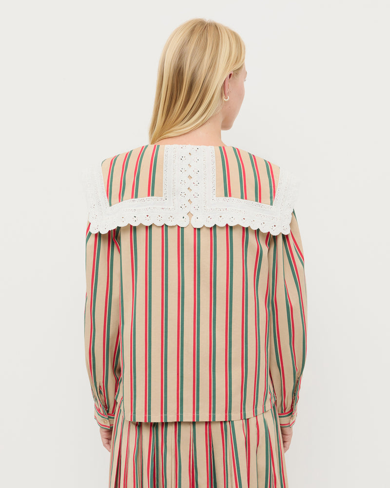 Ken Shirt in tan, red, and green striped cotton and Emlyn Skirt in tan, red, and green striped cotton.
