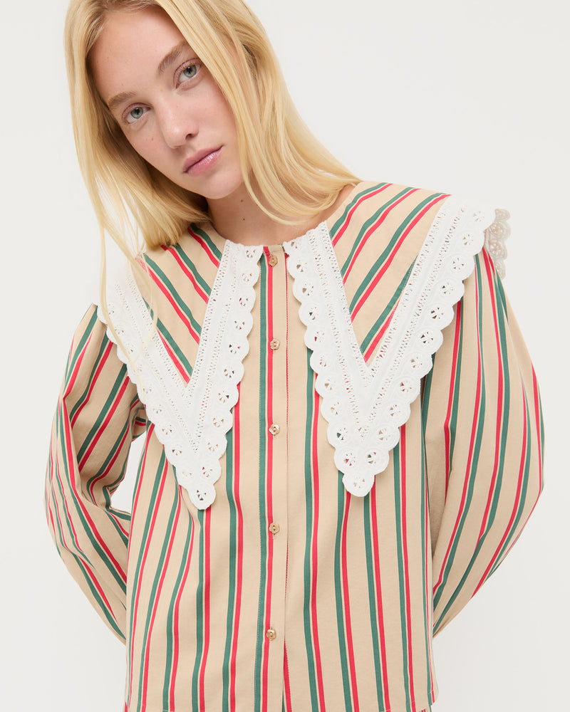 Ken Shirt in tan, red, and green striped cotton.