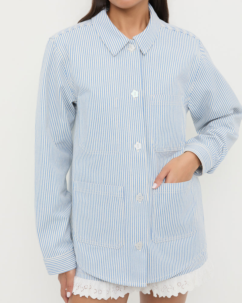 Kennedy Workwear Jacket in blue striped cotton and Kay Lace-Trimmed Denim Shorts in blue striped denim.