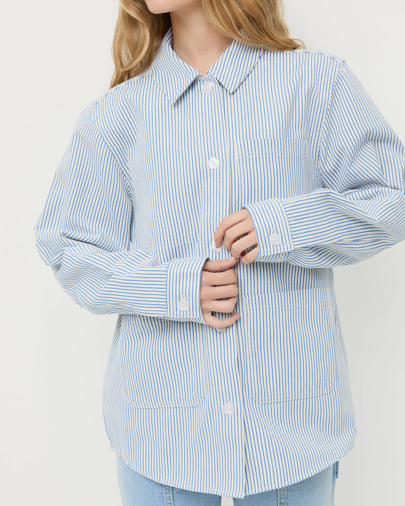 Kennedy Workwear Jacket in blue striped cotton and Molly Workwear Pant in light blue denim.