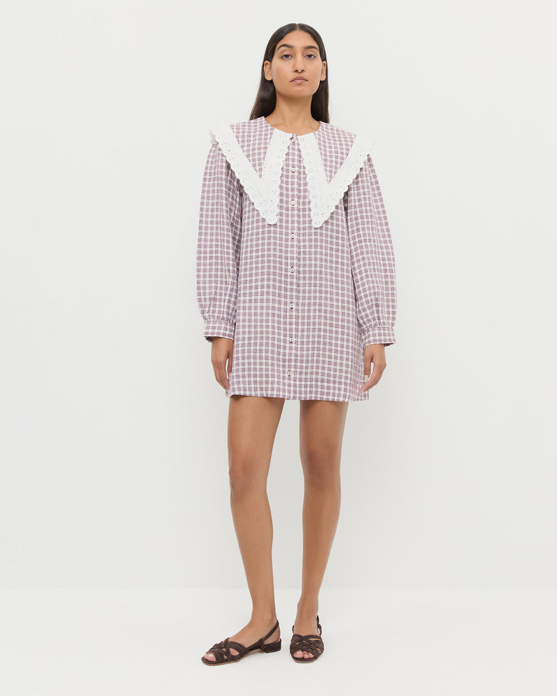 Kieran Dress in cream, maroon, and lilac plaid linen and Shelly Brown Suede Flat Sandal.