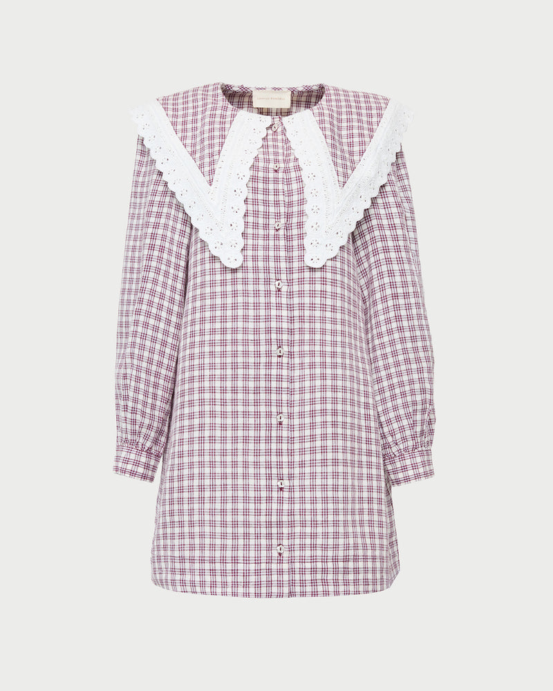 Kieran Dress in cream, maroon, and lilac plaid linen.
