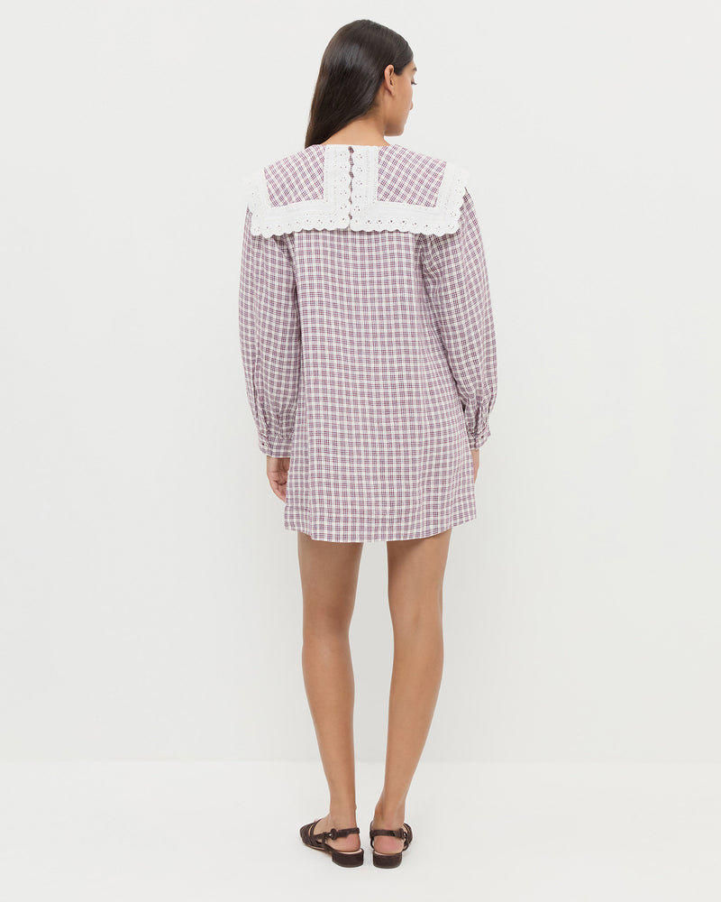 Kieran Dress in cream, maroon, and lilac plaid linen and Shelly Brown Suede Flat Sandal.