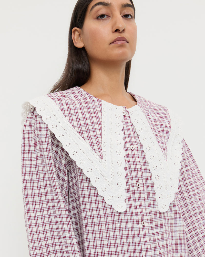 Kieran Dress in cream, maroon, and lilac plaid linen.