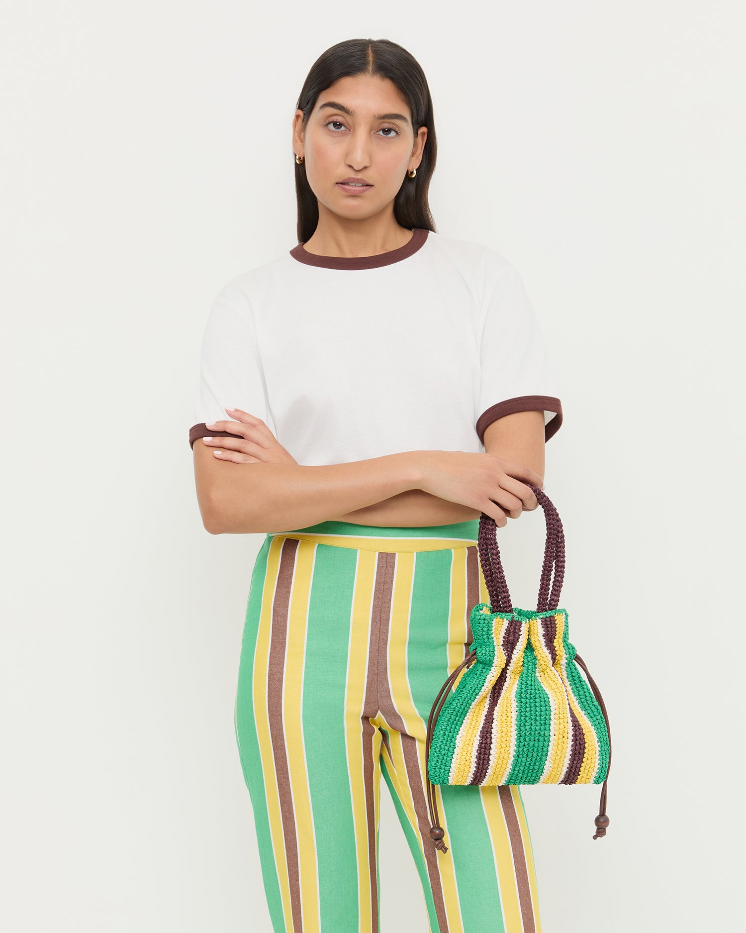 bbblllaaahhh ／ DRAWSTRING POUCH【Ｓ】 Kylie Green/Yellow Raffia Drawstring Pouch | Clutches | Handbags