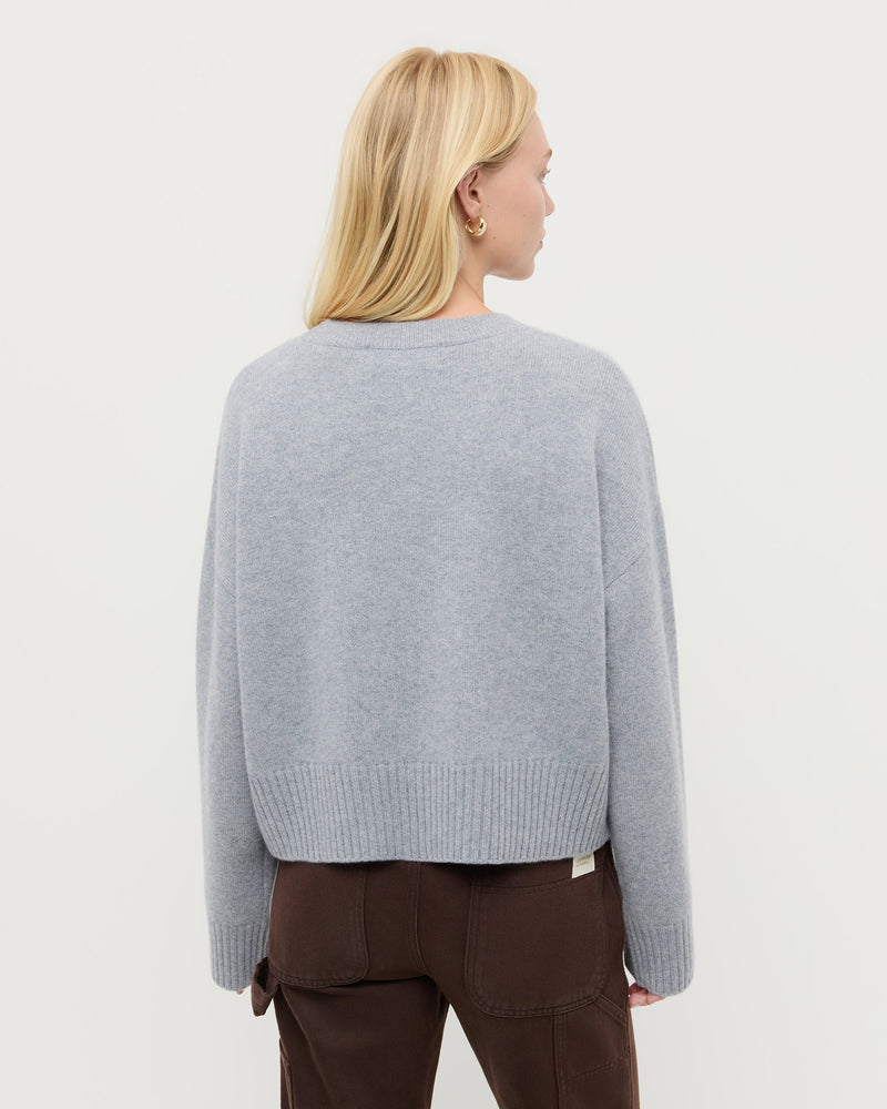 Lana Cashmere Sweater in grey and Molly Workwear Jean in dark brown denim.
