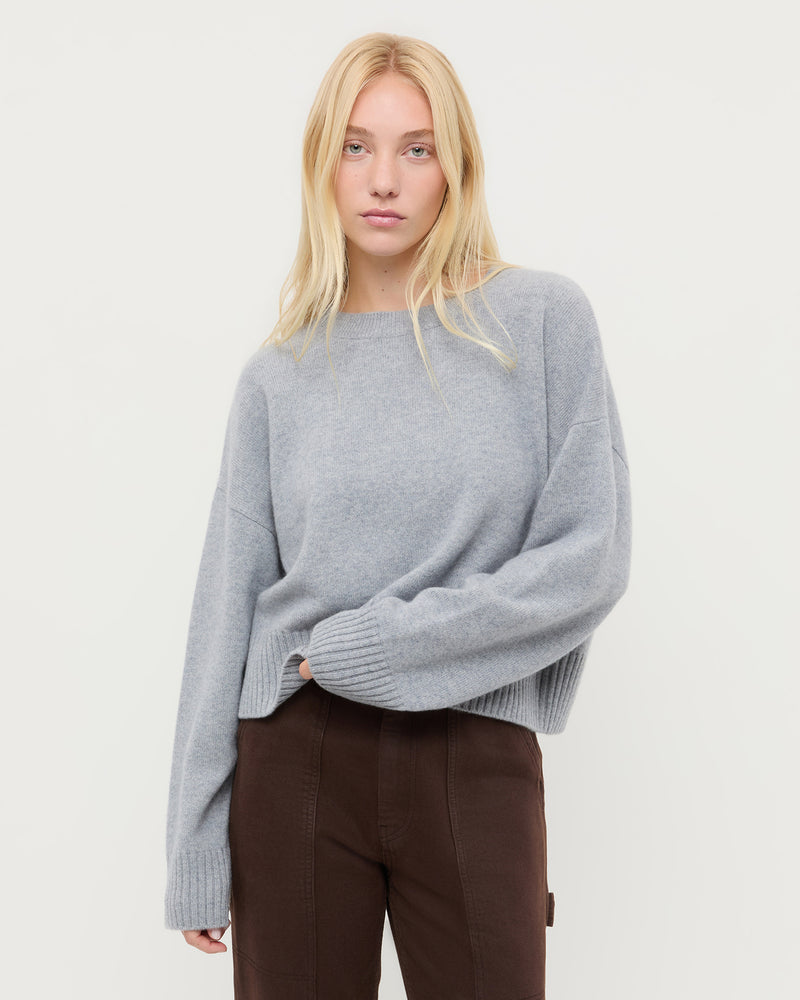 Lana Cashmere Sweater in grey and Molly Workwear Jean in dark brown denim.