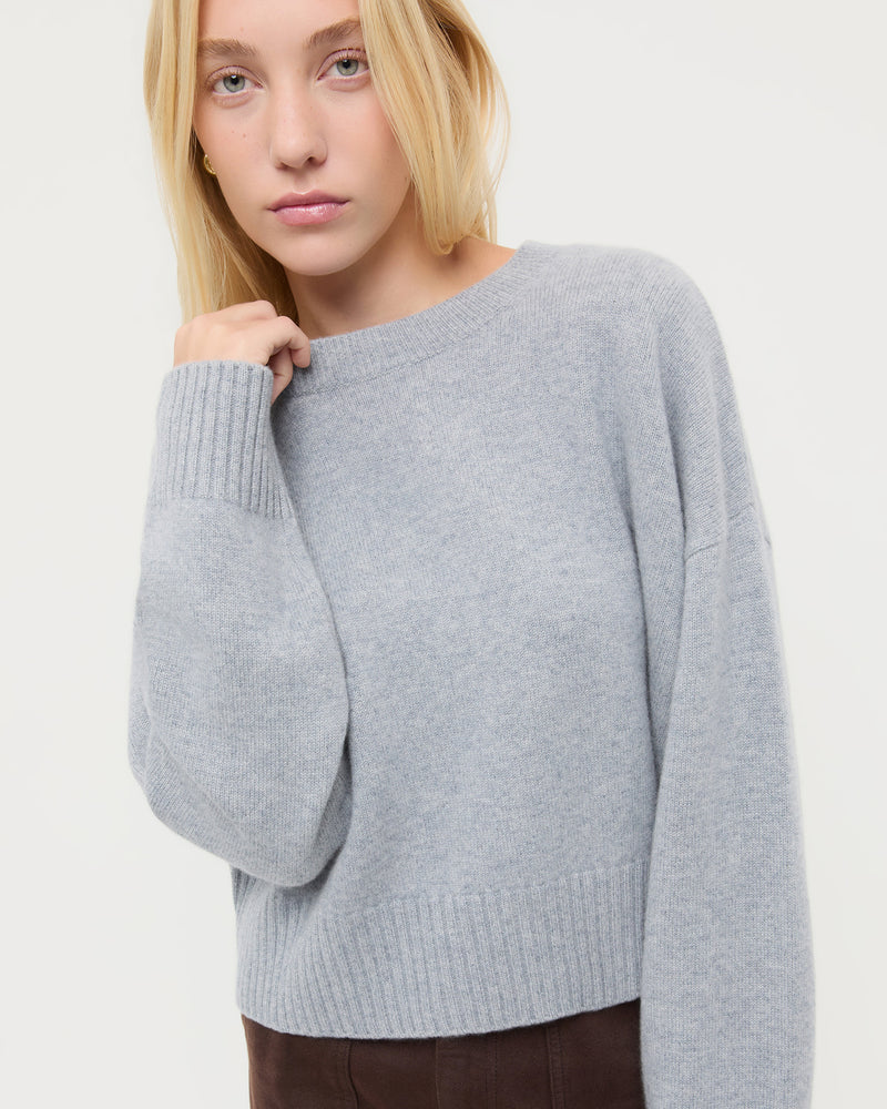Lana Cashmere Sweater in grey and Molly Workwear Jean in dark brown denim.