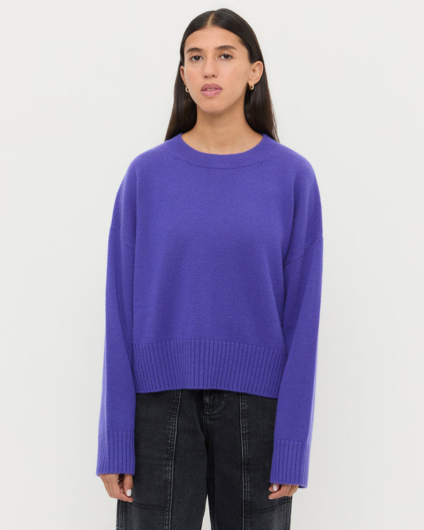 Lana Cashmere Sweater in purple cashmere and Molly Workwear Jean in washed black denim.