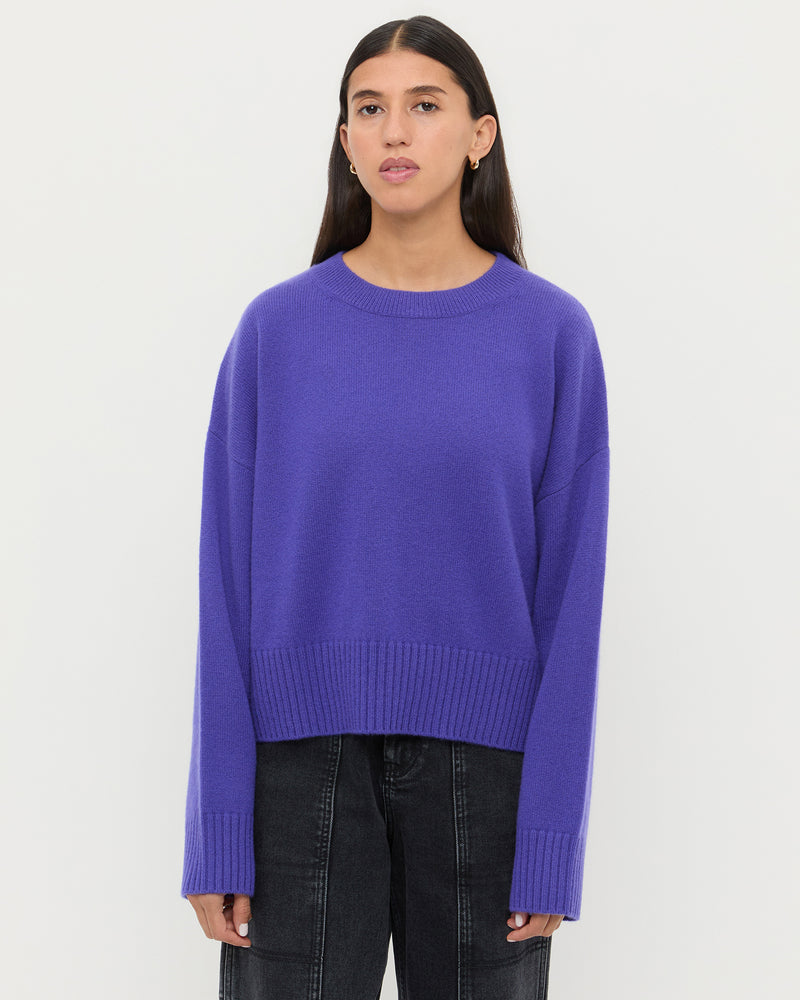 Lana Cashmere Sweater in purple cashmere and Molly Workwear Jean in washed black denim.