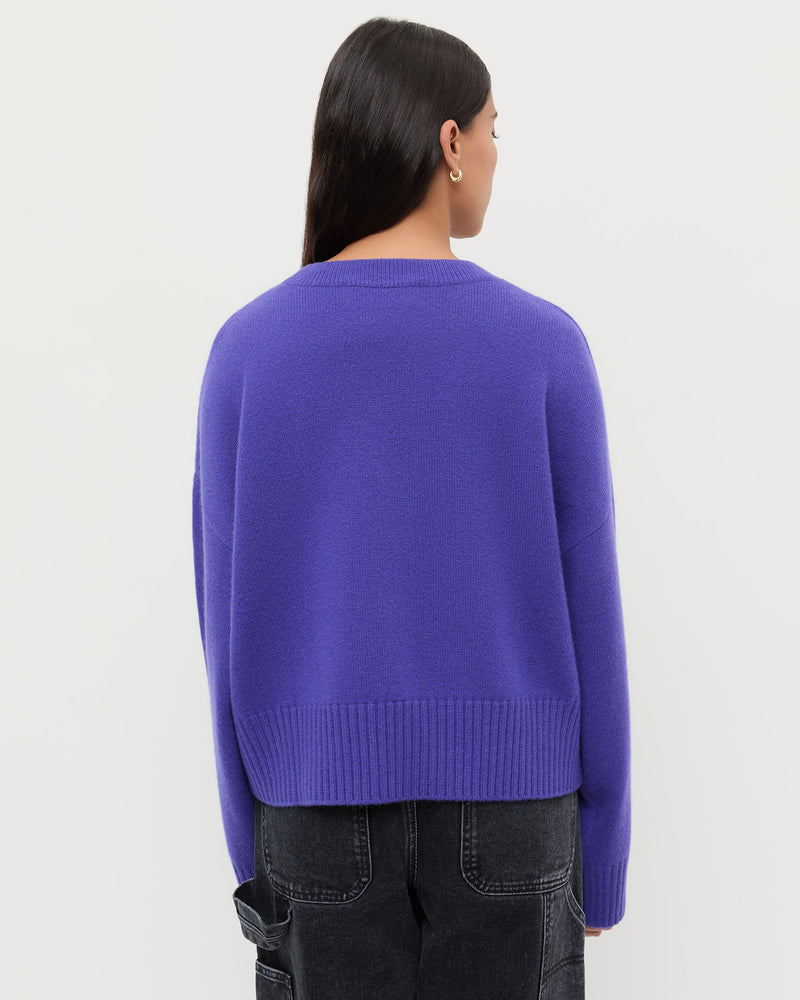 Lana Cashmere Sweater in purple cashmere and Molly Workwear Jean in washed black denim.