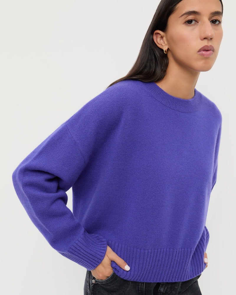 Lana Cashmere Sweater in purple cashmere and Molly Workwear Jean in washed black denim.