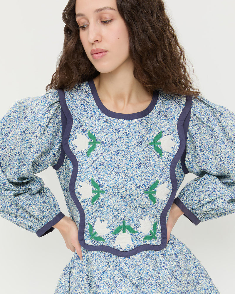 Laney Short Dress in blue floral cotton.