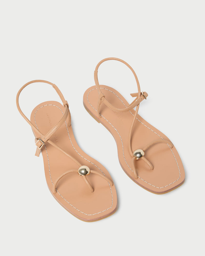 Lara Dune Leather Sandal in dune tan leather with a gold ball accent.