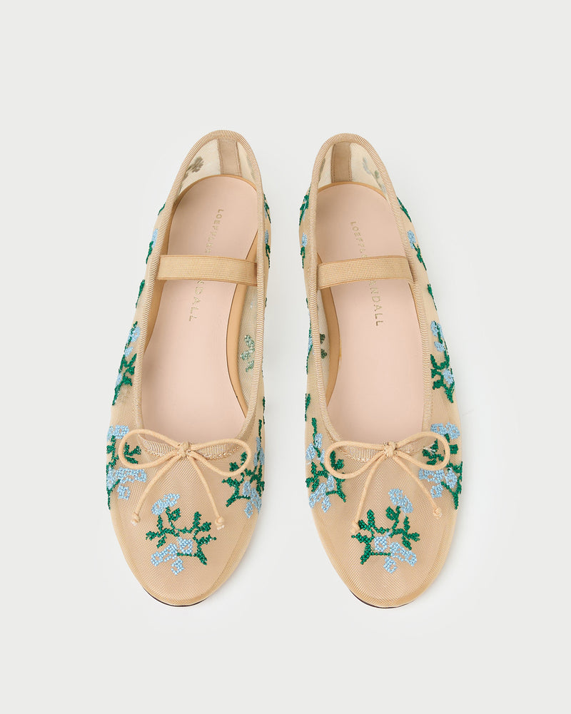 Leonie Caramel/Blue Embroidered Ballet Flat in caramel mesh with blue and green flower accents.