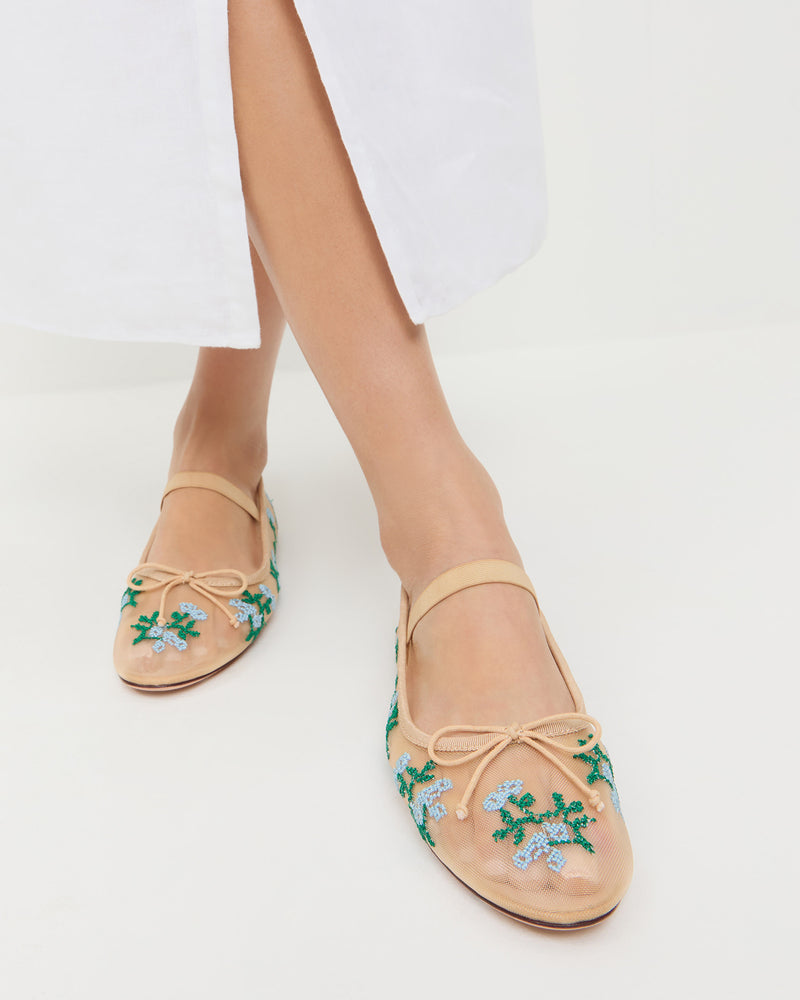 Leonie Caramel/Blue Embroidered Ballet Flat in caramel mesh with blue and green flower accents and Clarissa Dress in white cotton.