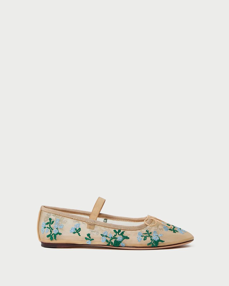 Leonie Caramel/Blue Embroidered Ballet Flat in caramel mesh with blue and green flower accents.