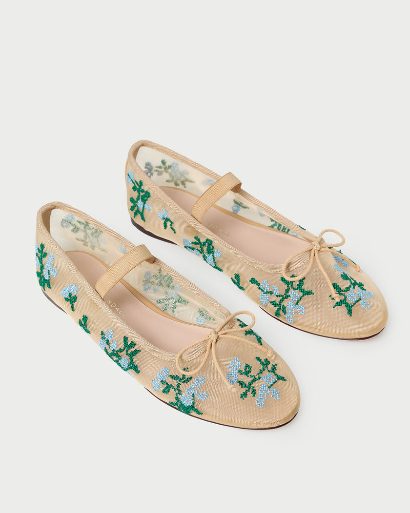 Leonie Caramel/Blue Embroidered Ballet Flat in caramel mesh with blue and green flower accents.