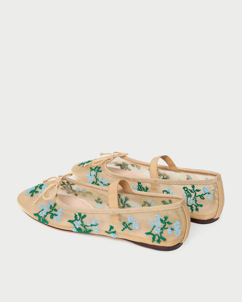 Leonie Caramel/Blue Embroidered Ballet Flat in caramel mesh with blue and green flower accents.