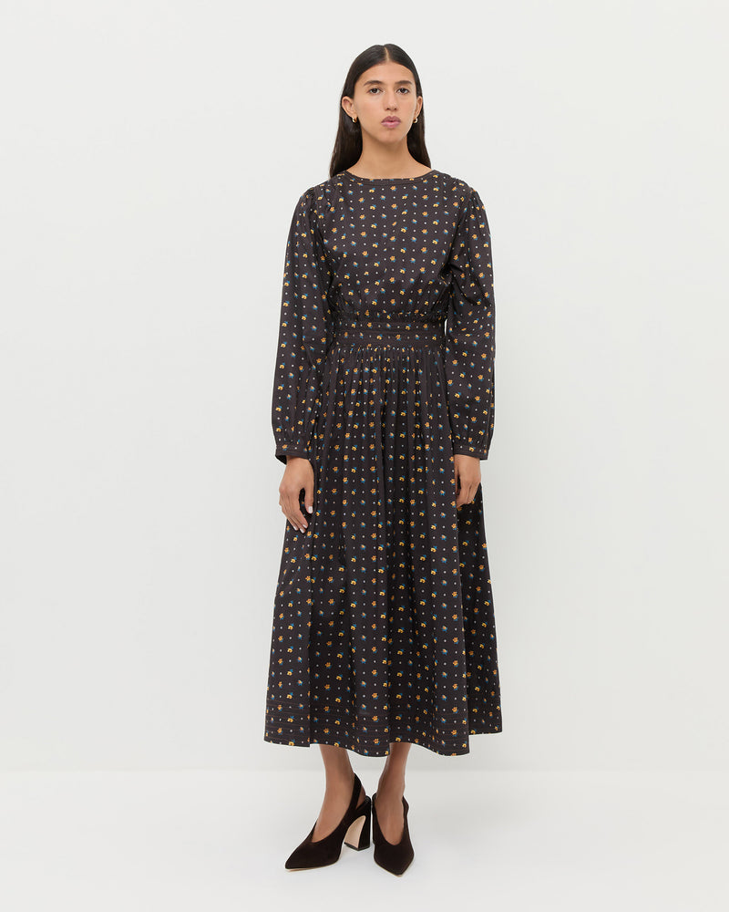 Lilibeth Dress in black floral cotton and Katerina Black Suede Slingback Pump.