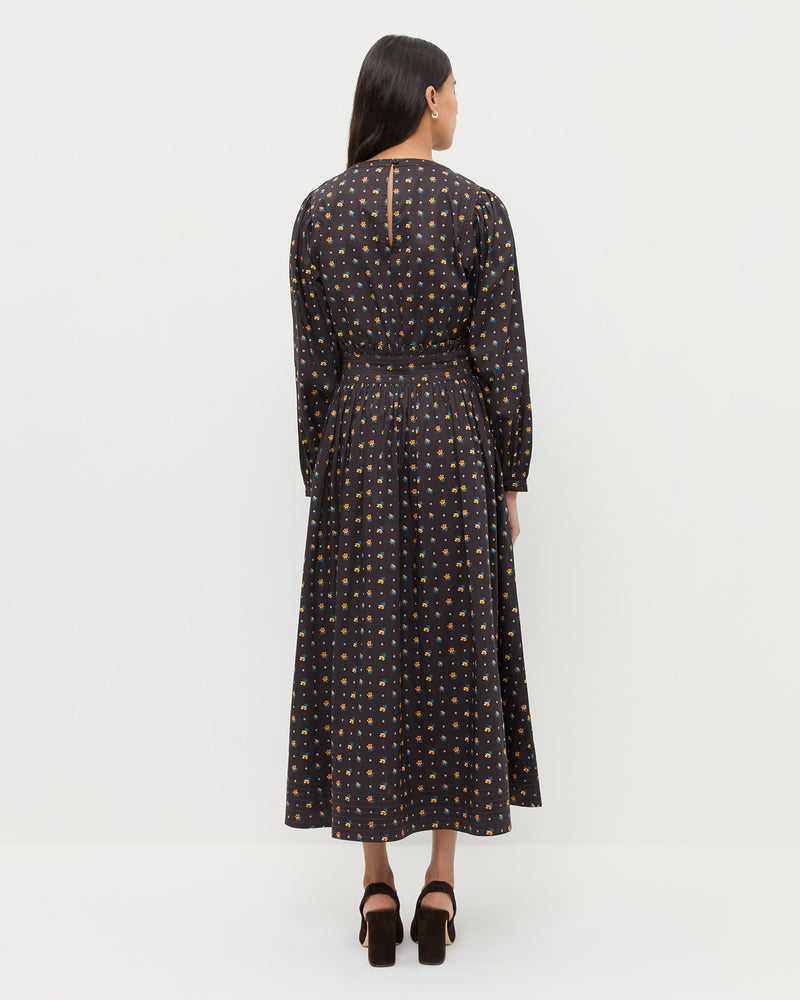 Lilibeth Dress in black floral cotton and Katerina Black Suede Slingback Pump.