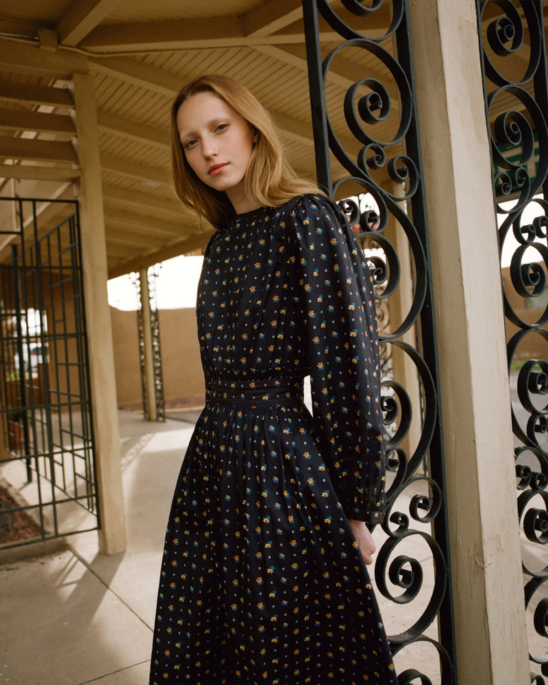 Lilibeth Dress in black floral cotton.